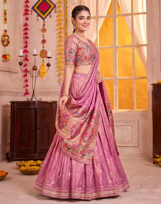 Light Pink Shimmer Zari Weaving Lehenga Choli with Dupatta 2