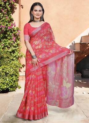 pink red cotton blend saree floral print 1
