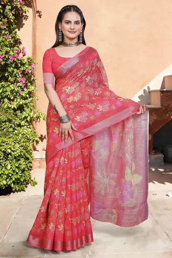 pink red cotton blend saree floral print