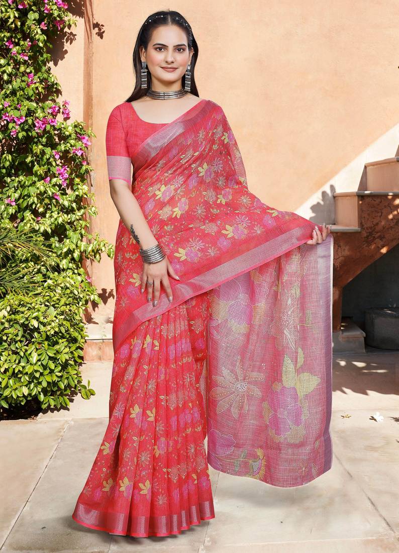 pink red cotton blend saree floral print