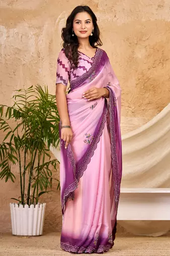 purple pink chocolate silk blend saree embellished border work