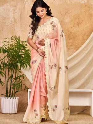 peach cream chocolate silk blend saree with embellished border (sfsrsk1009) 2