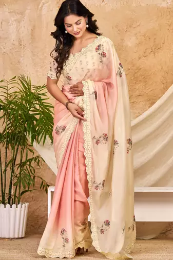 peach cream chocolate silk blend saree with embellished border