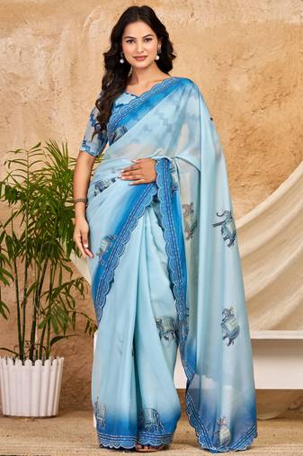 sky blue chocolate silk blend saree embellished border work