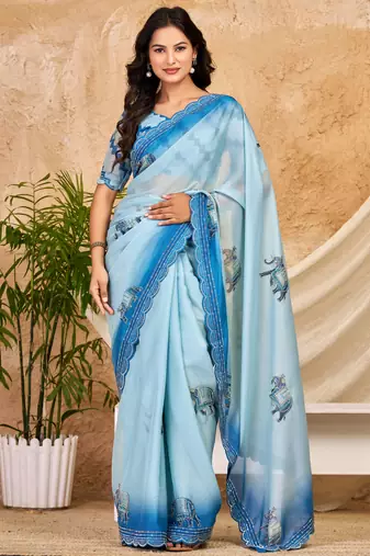 sky blue chocolate silk blend saree embellished border work