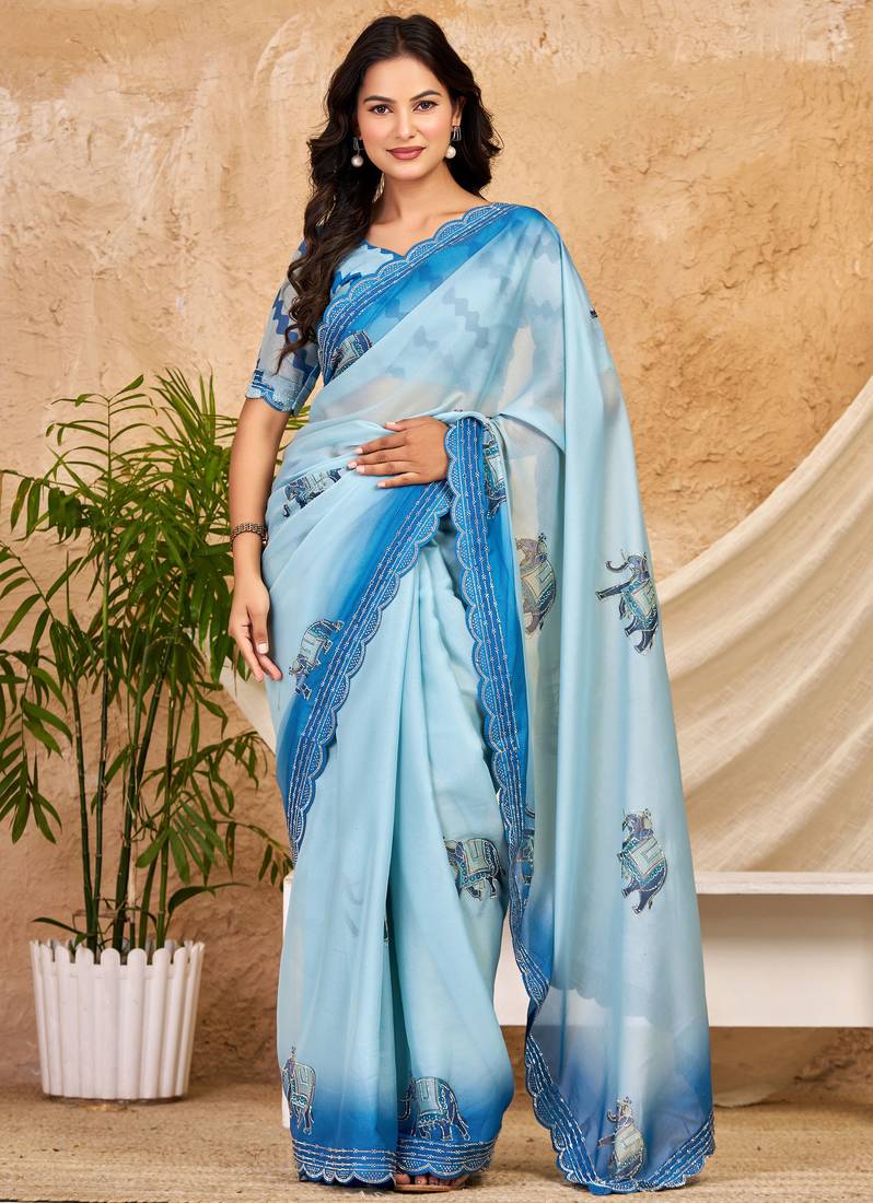 sky blue chocolate silk blend saree embellished border work (sfsrsk1008)