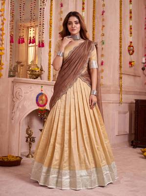 Cream Kanchipuram Zari Weaving Lehenga Choli with Dupatta 3