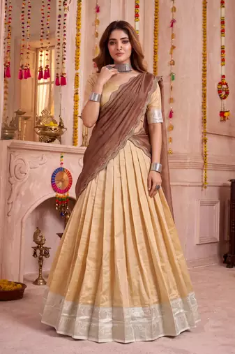 Cream Kanchipuram Zari Weaving Lehenga Choli with Dupatta