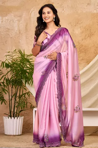 purple pink chocolate silk blend saree embellished border work