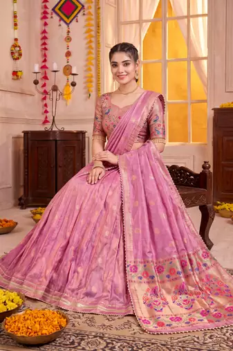 Light Pink Shimmer Zari Weaving Lehenga Choli with Dupatta