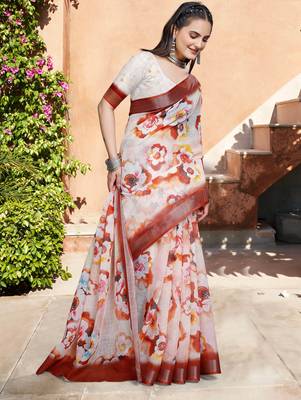 white multicolor cotton blend saree with floral print 4
