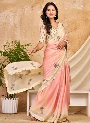 peach cream chocolate silk blend saree with embellished border (sfsrsk1009) 3