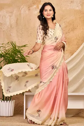 peach cream chocolate silk blend saree with embellished border