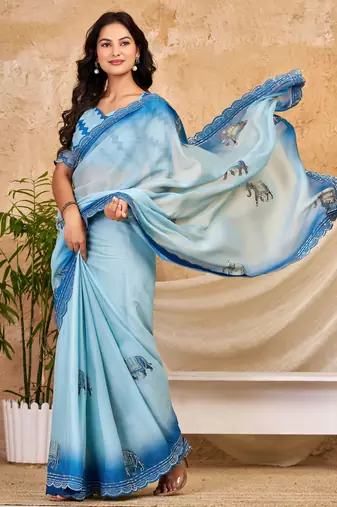 sky blue chocolate silk blend saree embellished border work