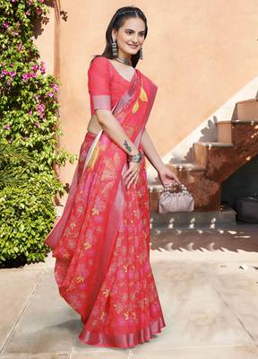 pink red cotton blend saree floral print 2