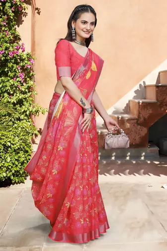 pink red cotton blend saree floral print