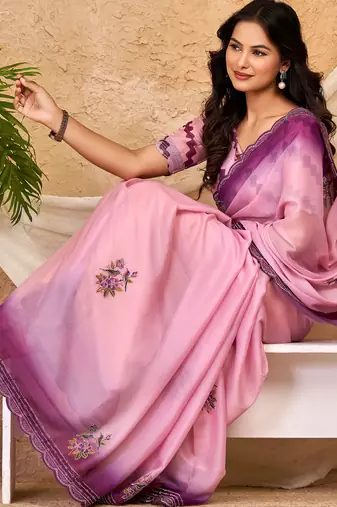 purple pink chocolate silk blend saree embellished border work