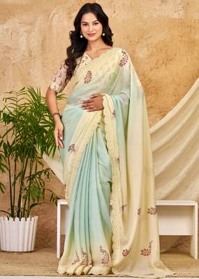 mint green chocolate silk blend saree embellished border work (sfsrsk1007) 1