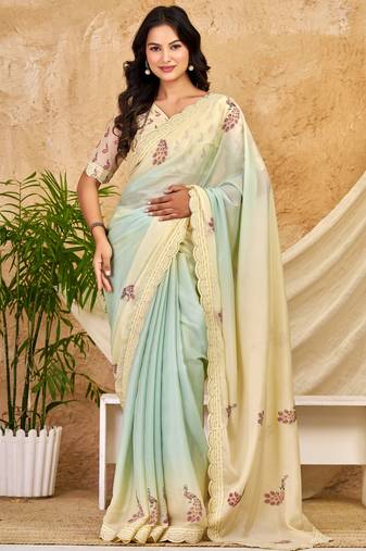 mint green chocolate silk blend saree embellished border work