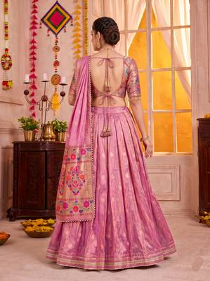 Light Pink Shimmer Zari Weaving Lehenga Choli with Dupatta 4