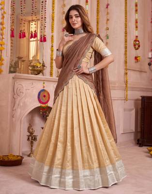 Cream Kanchipuram Zari Weaving Lehenga Choli with Dupatta 4