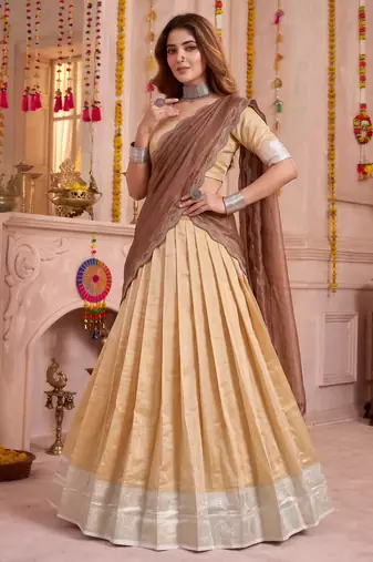 Cream Kanchipuram Zari Weaving Lehenga Choli with Dupatta