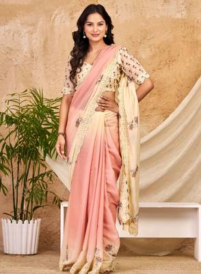 peach cream chocolate silk blend saree with embellished border (sfsrsk1009) 4
