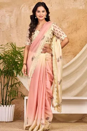 peach cream chocolate silk blend saree with embellished border