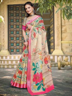 beige cotton blend digital print saree 2