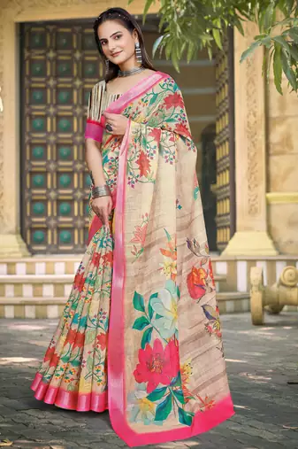 beige cotton blend digital print saree
