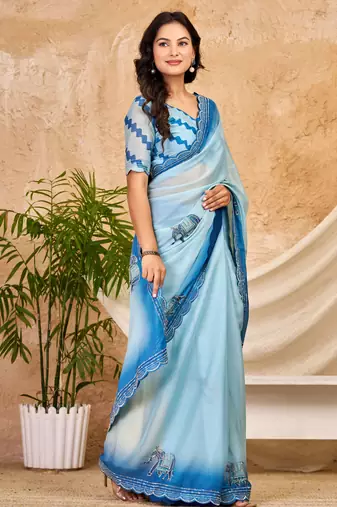 sky blue chocolate silk blend saree embellished border work