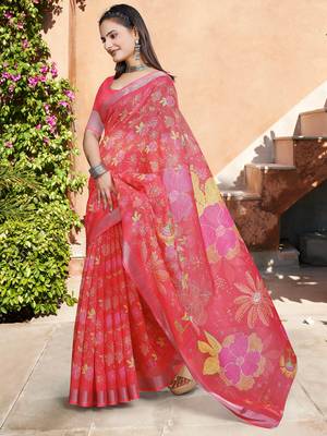 pink red cotton blend saree floral print 3