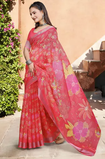 pink red cotton blend saree floral print
