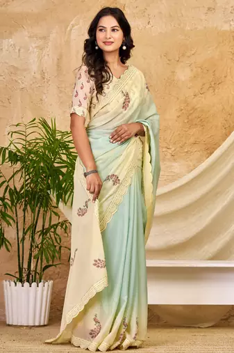 mint green chocolate silk blend saree embellished border work (sfsrsk1007)