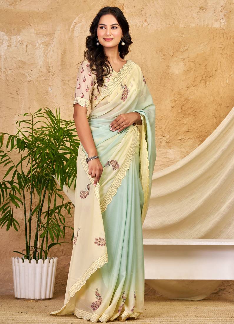 mint green chocolate silk blend saree embellished border work (sfsrsk1007)