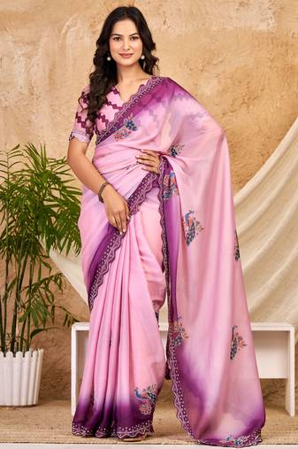 purple pink chocolate silk blend saree with embellished border