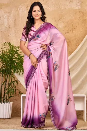 purple pink chocolate silk blend saree with embellished border