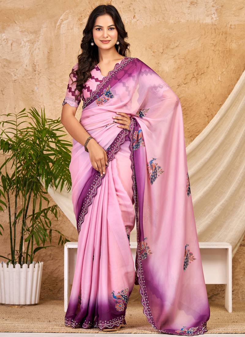 purple pink chocolate silk blend saree with embellished border (sfsrsk1006)