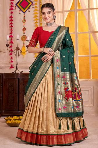 Cream Kanchipuram Silk Zari & Lace Lehenga Choli with Dupatta
