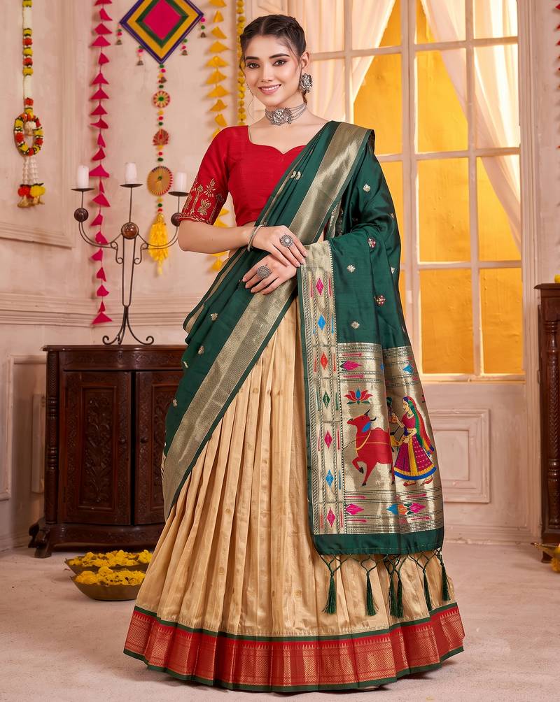 Cream Kanchipuram Silk Zari & Lace Lehenga Choli with Dupatta
