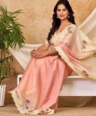 peach cream chocolate silk blend saree with embellished border (sfsrsk1009) 5