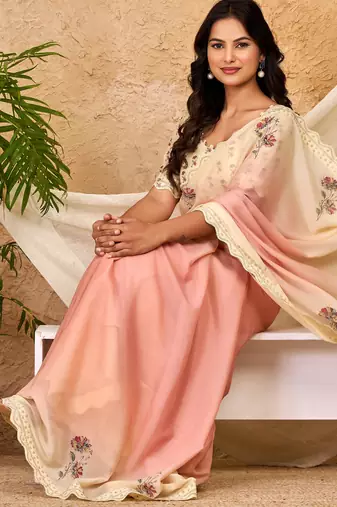 peach cream chocolate silk blend saree with embellished border