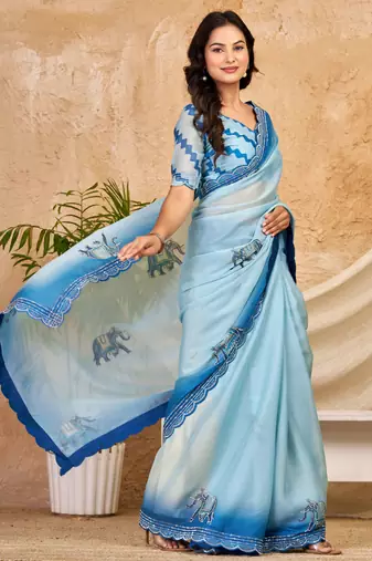 sky blue chocolate silk blend saree embellished border work