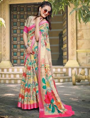 beige cotton blend digital print saree 3