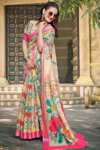 beige cotton blend digital print saree