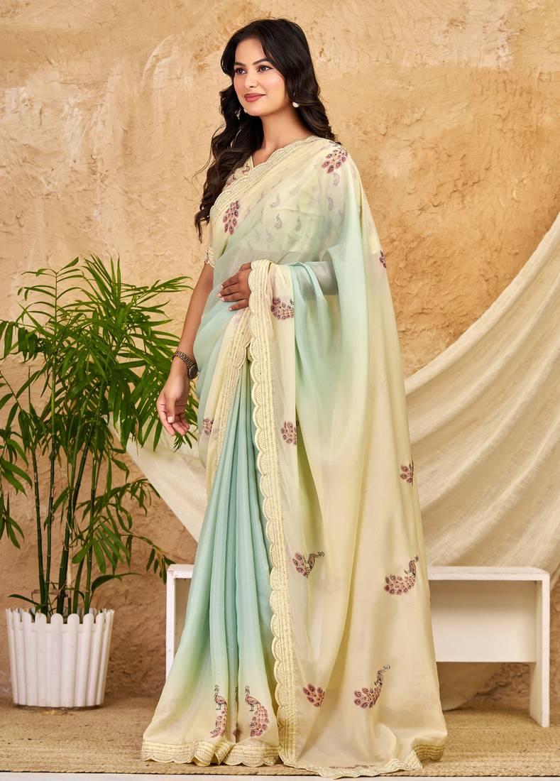 mint green chocolate silk blend saree embellished border work (sfsrsk1007)