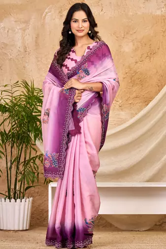 purple pink chocolate silk blend saree with embellished border