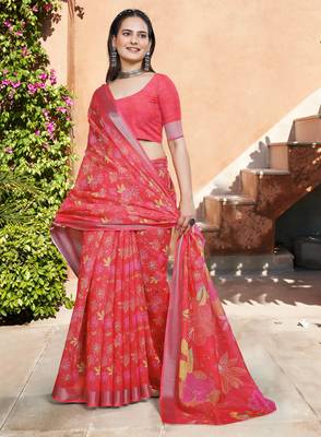 pink red cotton blend saree floral print 4