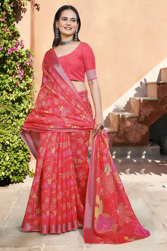 pink red cotton blend saree floral print