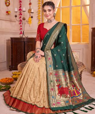 Cream Kanchipuram Silk Zari & Lace Lehenga Choli with Dupatta 2